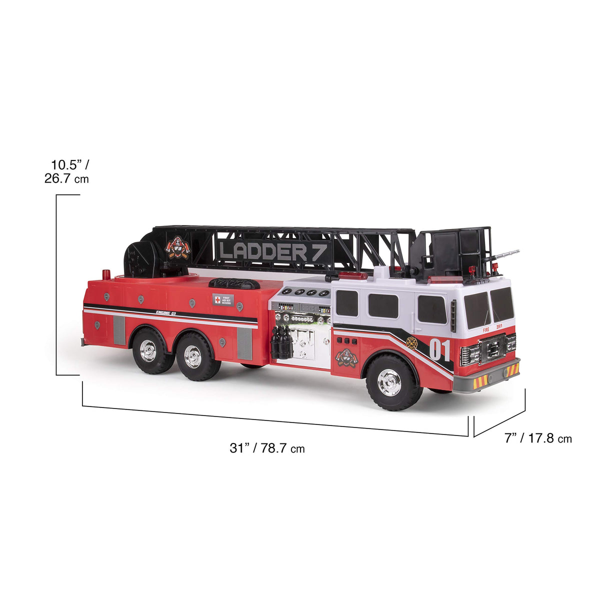 Mighty Fleet Titans 29-inch fire truck siren sounds add realistic firefighting effects.