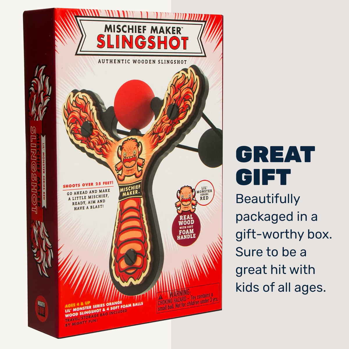 Mighty Fun! Lil’ Monster character on slingshot adds cheerful, imaginative appeal.