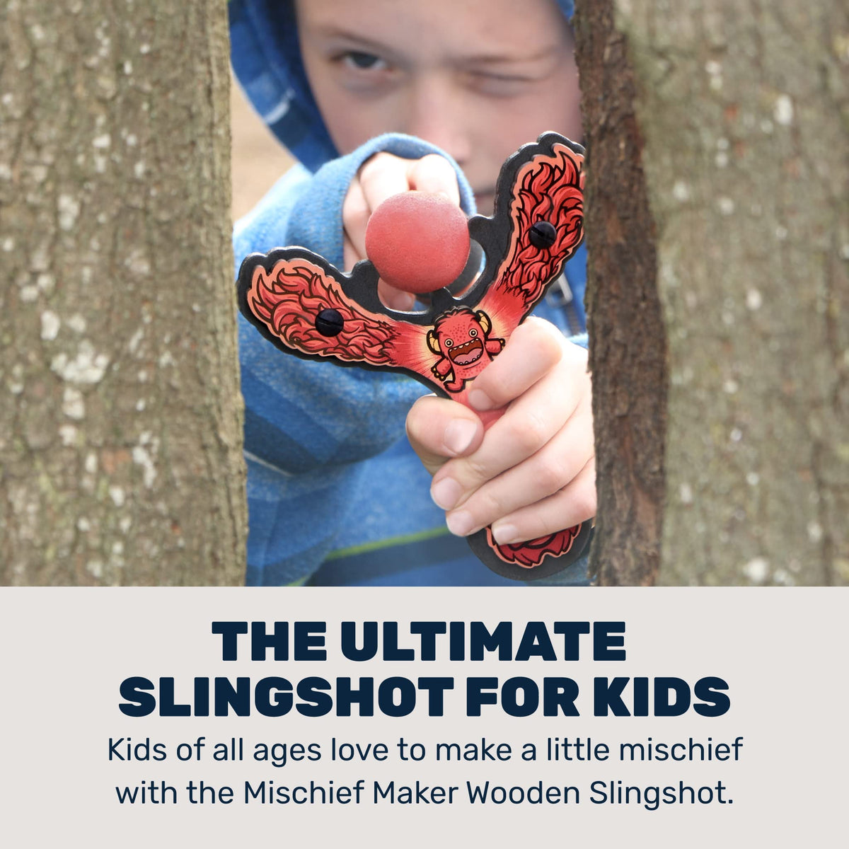 Mighty Fun! Mischief Maker Slingshot in blue front view highlights kid-friendly design.