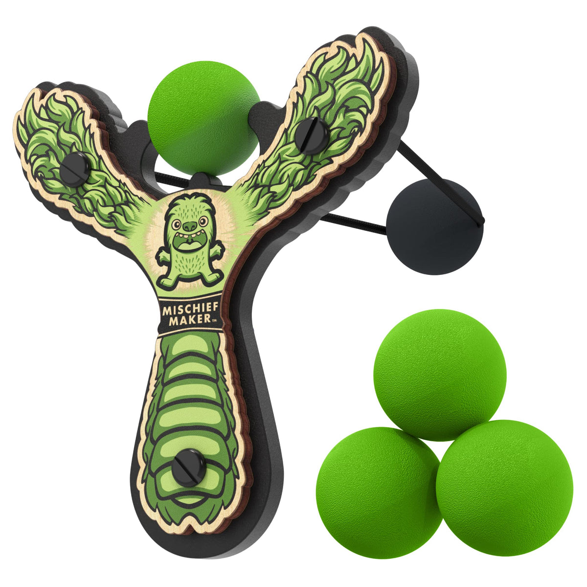 Mighty Fun! Mischief Maker slingshot front view shows real wood and playful design for safe, imaginative play