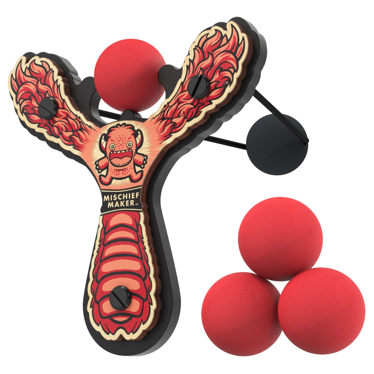 Mighty Fun! Mischief Maker Slingshot in red front view with safe wooden construction for kids.