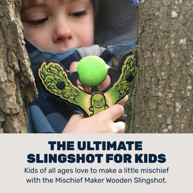 Mighty Fun! Mischief Maker slingshot side view highlights sturdy construction and kid-friendly ergonomics
