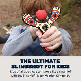 Mighty Fun Mischief Maker wooden slingshot back view with easy grip handle for comfortable play
