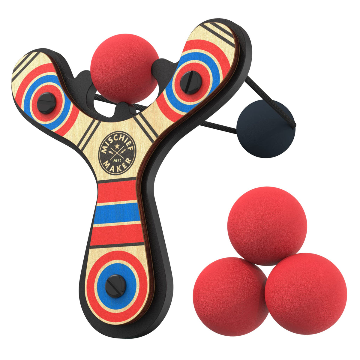 Mighty Fun Mischief Maker wooden slingshot front view shows real wood and durable finish for kid friendly play