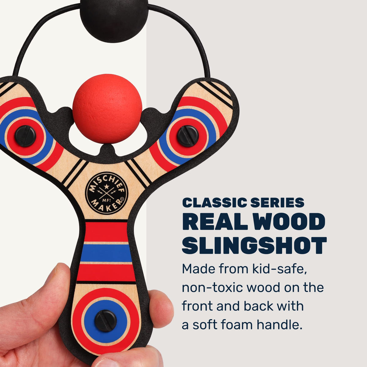 Mighty Fun Mischief Maker wooden slingshot side view shows compact design for portable play