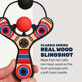 Mighty Fun Mischief Maker wooden slingshot side view shows compact design for portable play