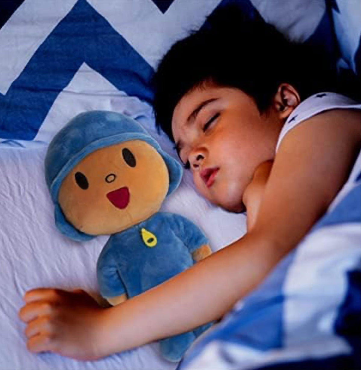 Mighty Mojo Pocoyo plush doll with child, comforting friend during naptime and play