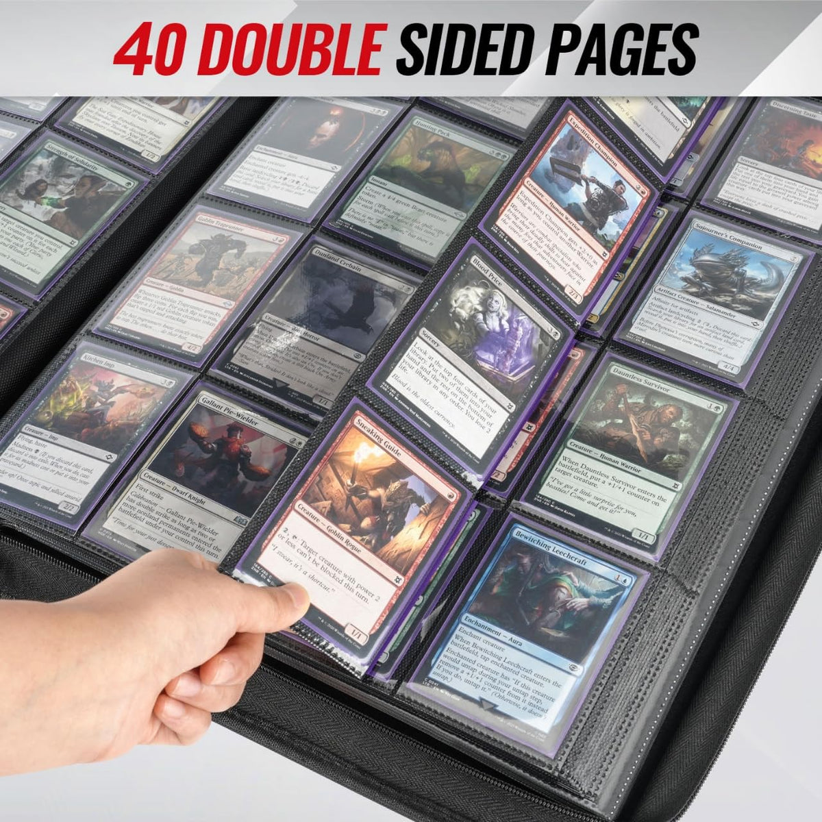 Double-sided pages maximize storage while keeping cards accessible.