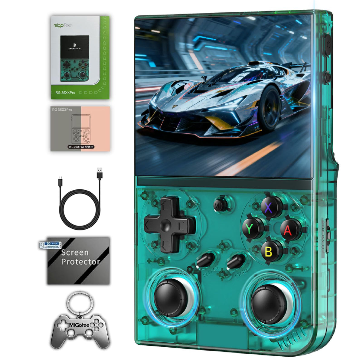 Migofee RG35XX Pro with a vivid 3.5-inch IPS screen for crisp retro gaming on the go.