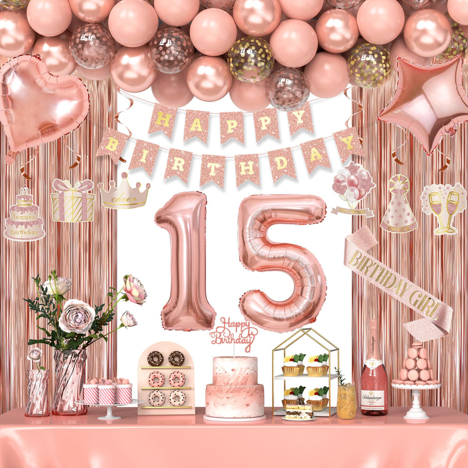 Miidenks rose gold fringe curtain decor creates a stunning party backdrop.