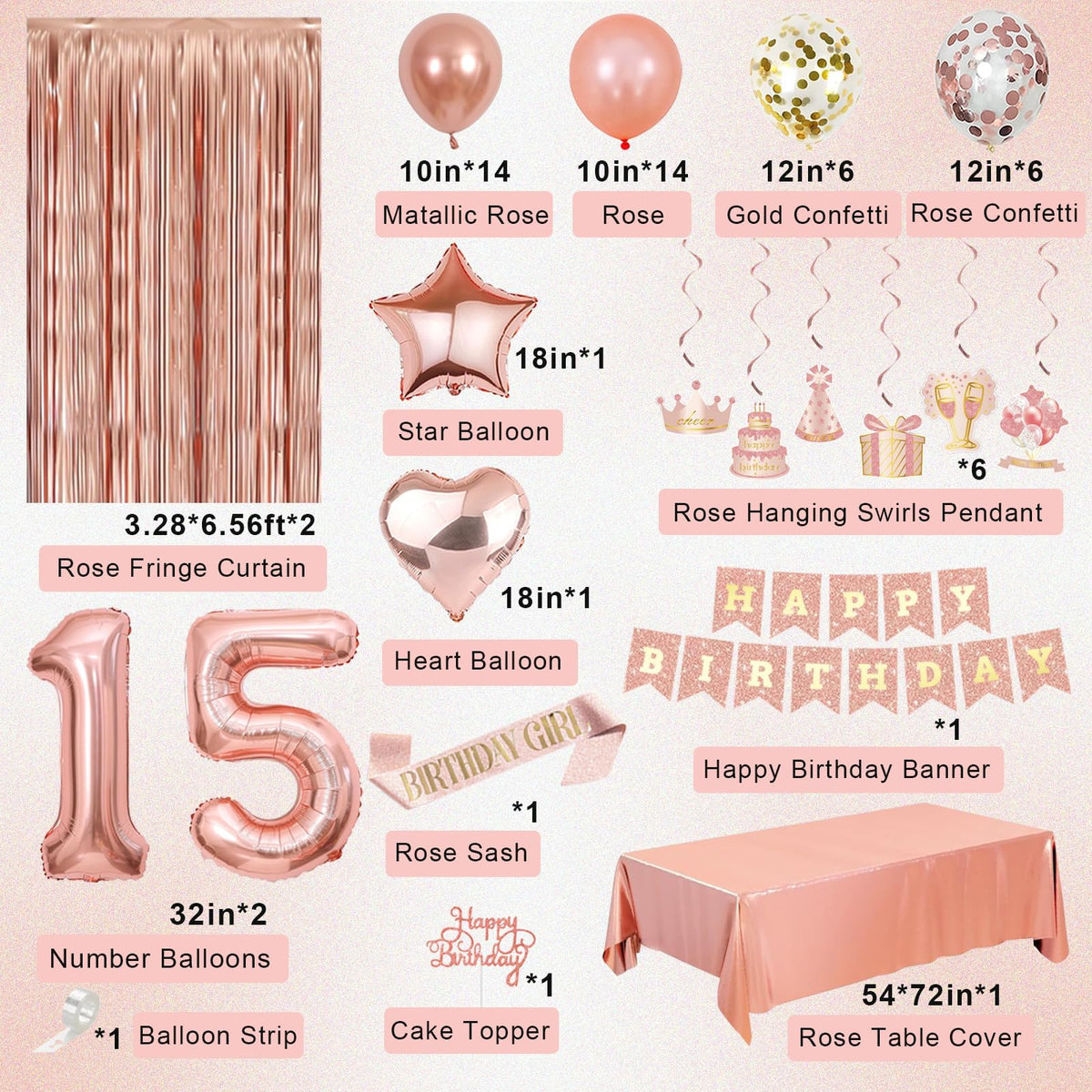 Miidenks rose gold 15th number balloons highlight the milestone.