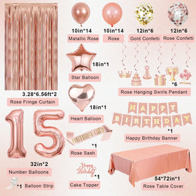 Miidenks rose gold 15th number balloons highlight the milestone.