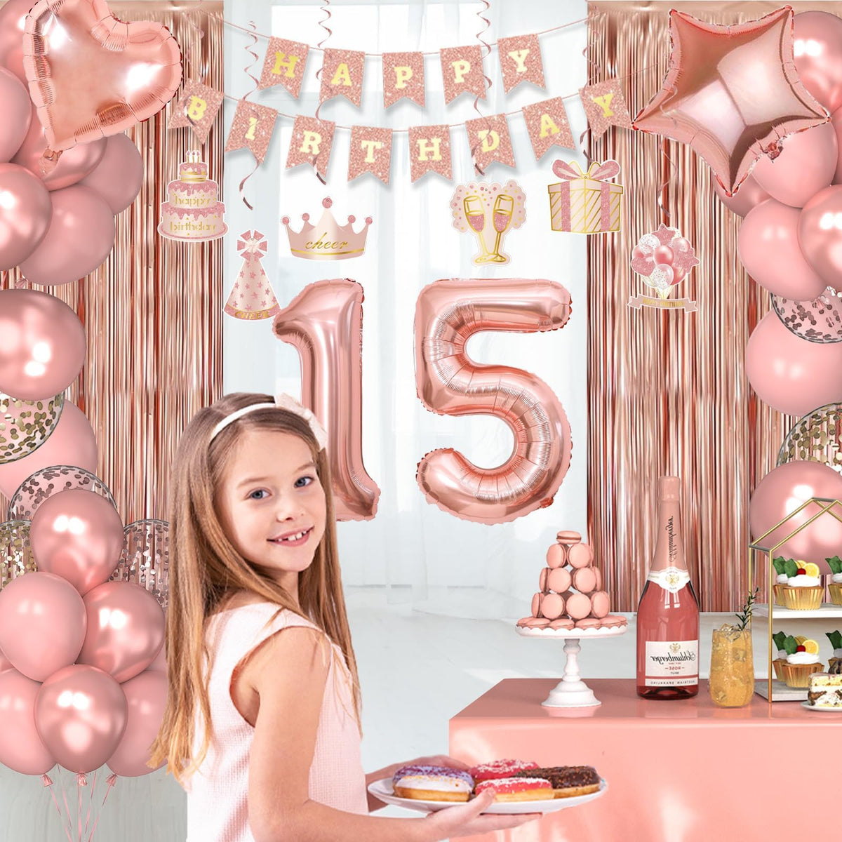 Miidenks rose gold foil balloons offer glossy, dramatic accents.
