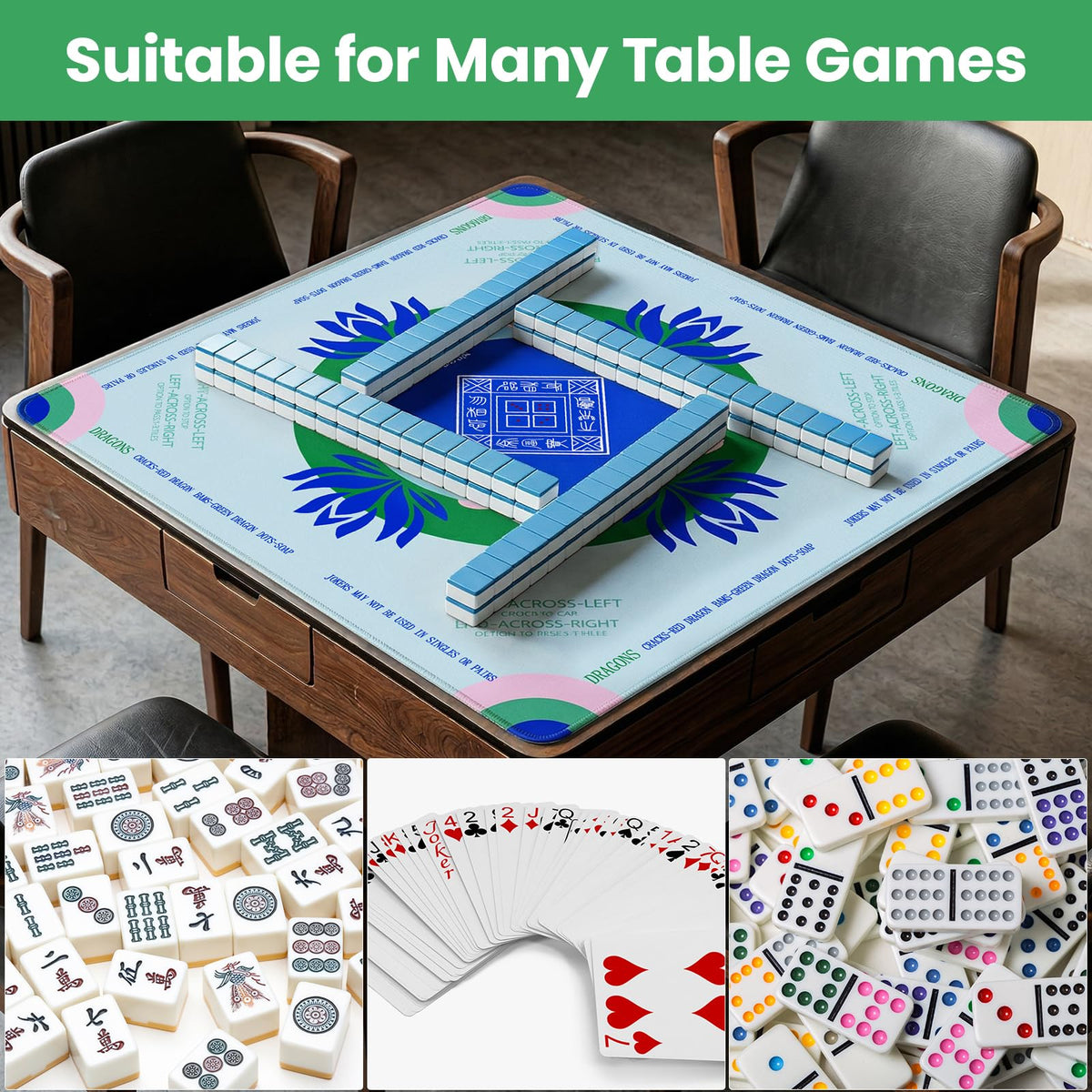 Mikccer Mahjong Mat suitable for dominoes, poker, and puzzle games.