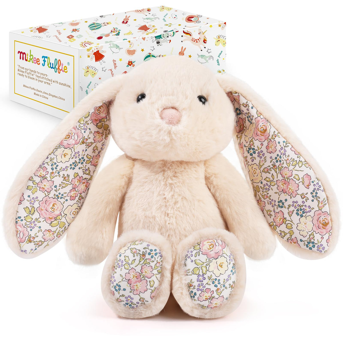 Mikee Fluffie Easter Bunny ears show delicate flower fabric, perfect for Easter decor