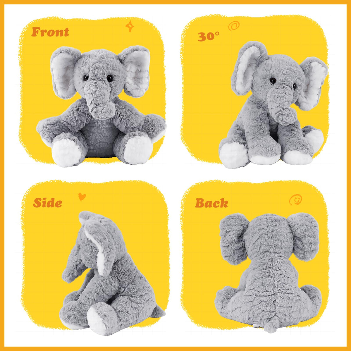 Mikee Fluffie elephant plush grey coat highlighting durable, easy-care material
