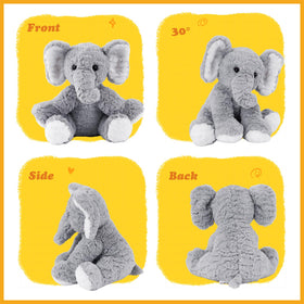Mikee Fluffie elephant plush grey coat highlighting durable, easy-care material