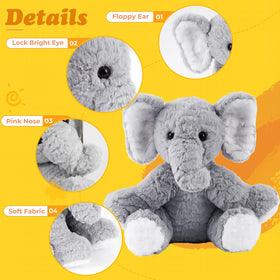 Mikee Fluffie elephant plush in bed ready for snuggly nights