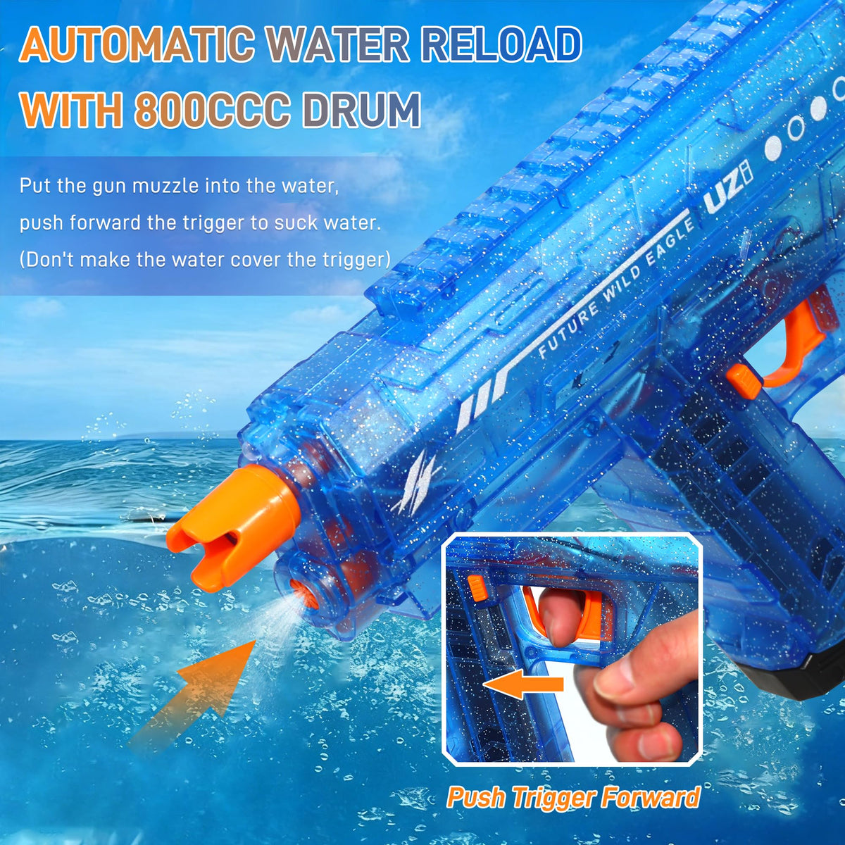 Mikiomie water gun with 1200mAh battery for long sessions.