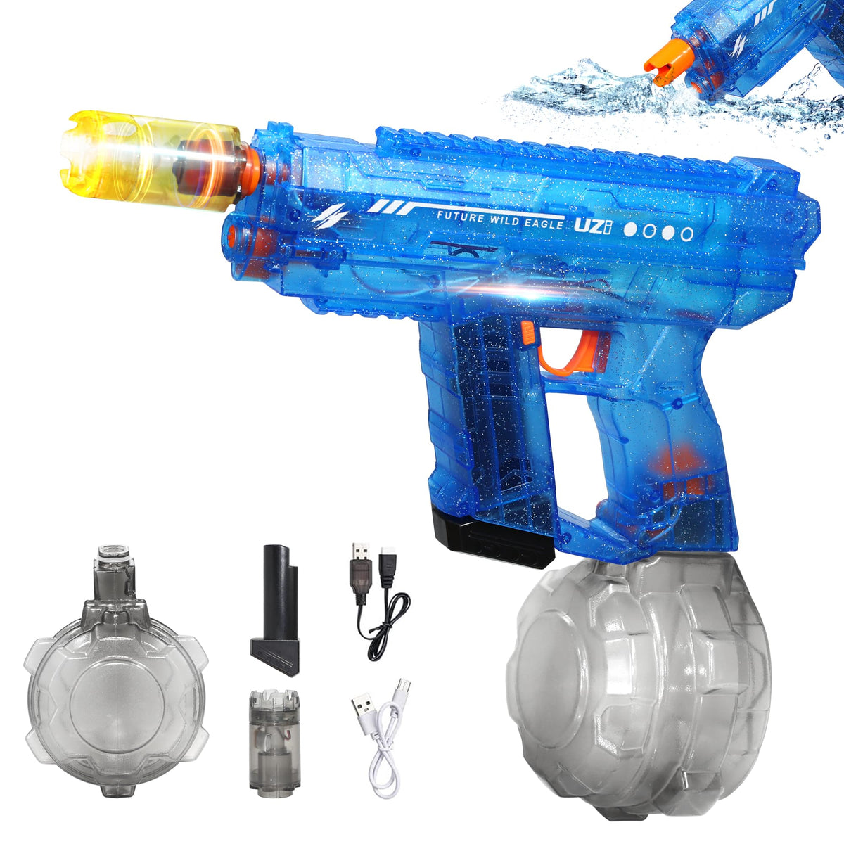 Mikiomie electric water gun flashing muzzle during daytime pool battle.