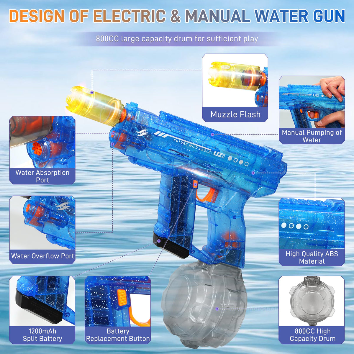 Mikiomie water gun with LED light effects for night battles.
