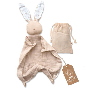 Mikito Bunny Lovey front view shows plush organic cotton for gentle newborn comfort.