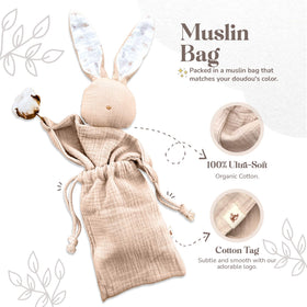 Mikito Bunny Lovey in hand demonstrates easy handling for newborn grasping moments.