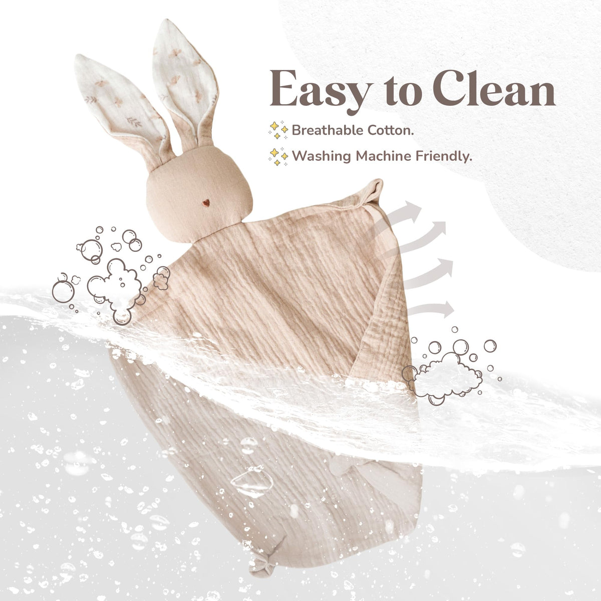 Mikito Organic Cotton Lovey care and wash shows machine-washable convenience.