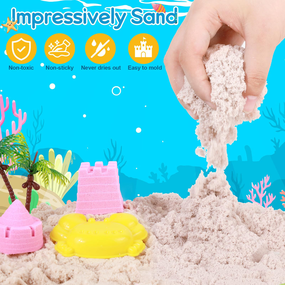 Mikiwon Ocean Sensory Bin shows castle molds for tactile building fun