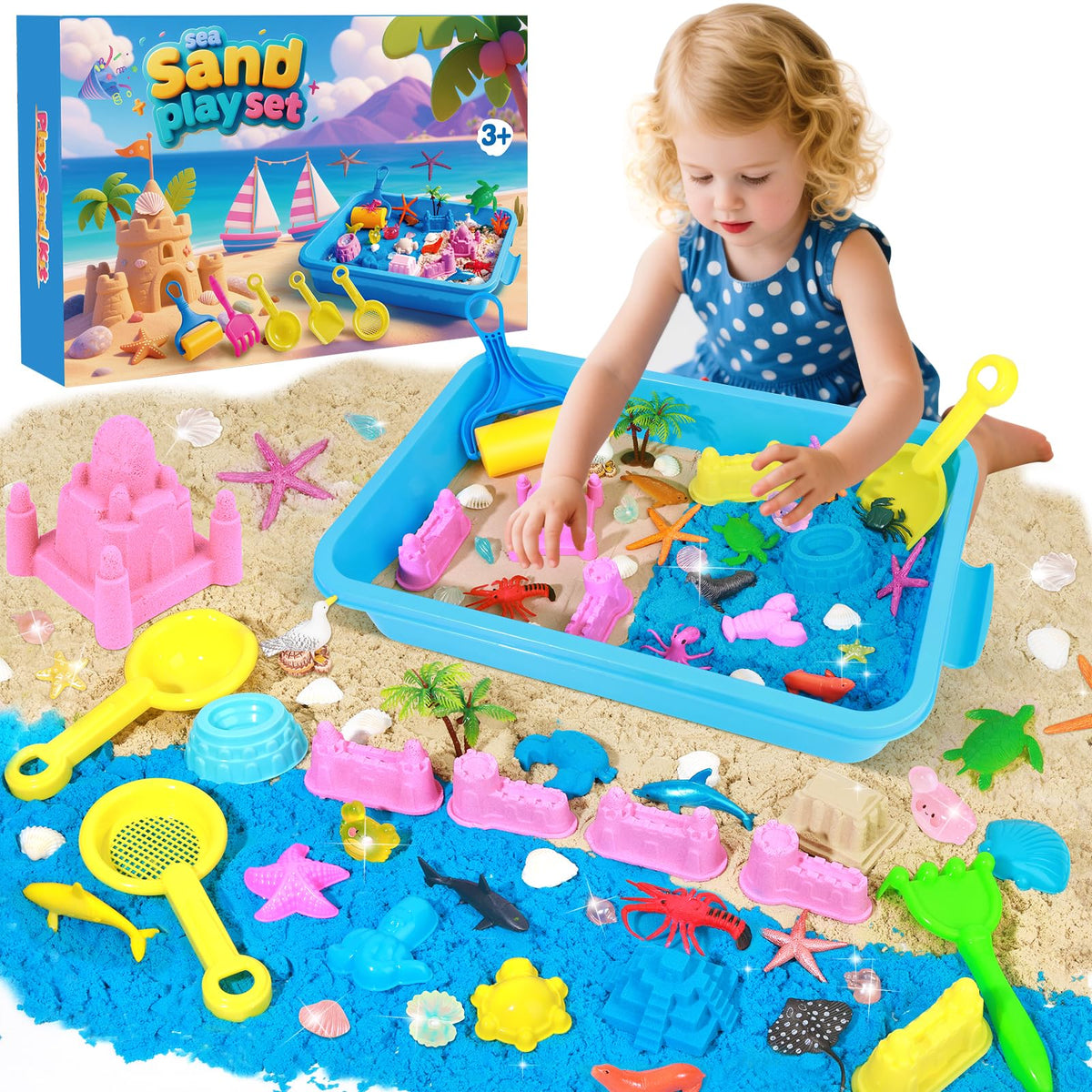 Mikiwon Ocean Sensory Bin contents with colorful sand and sea creatures for imaginative play