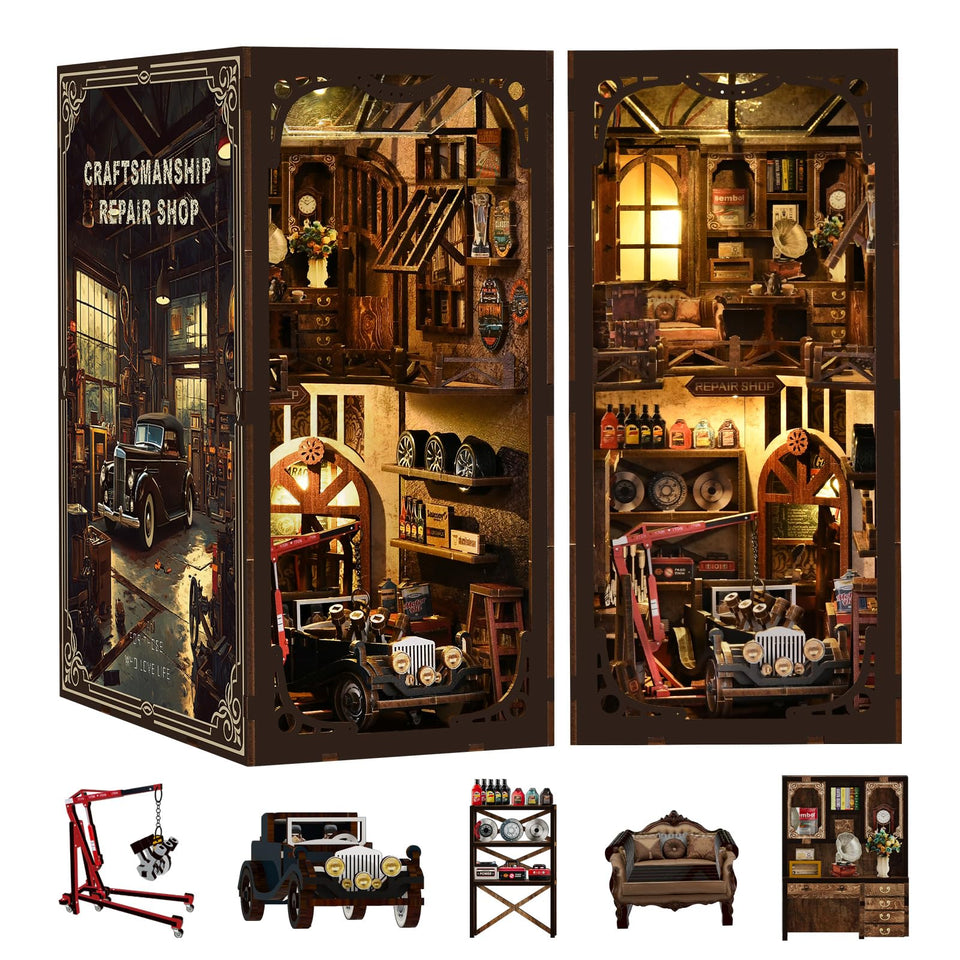MilaHum DIY Book Nook Kit with vintage garage scene and warm LED lighting on shelf