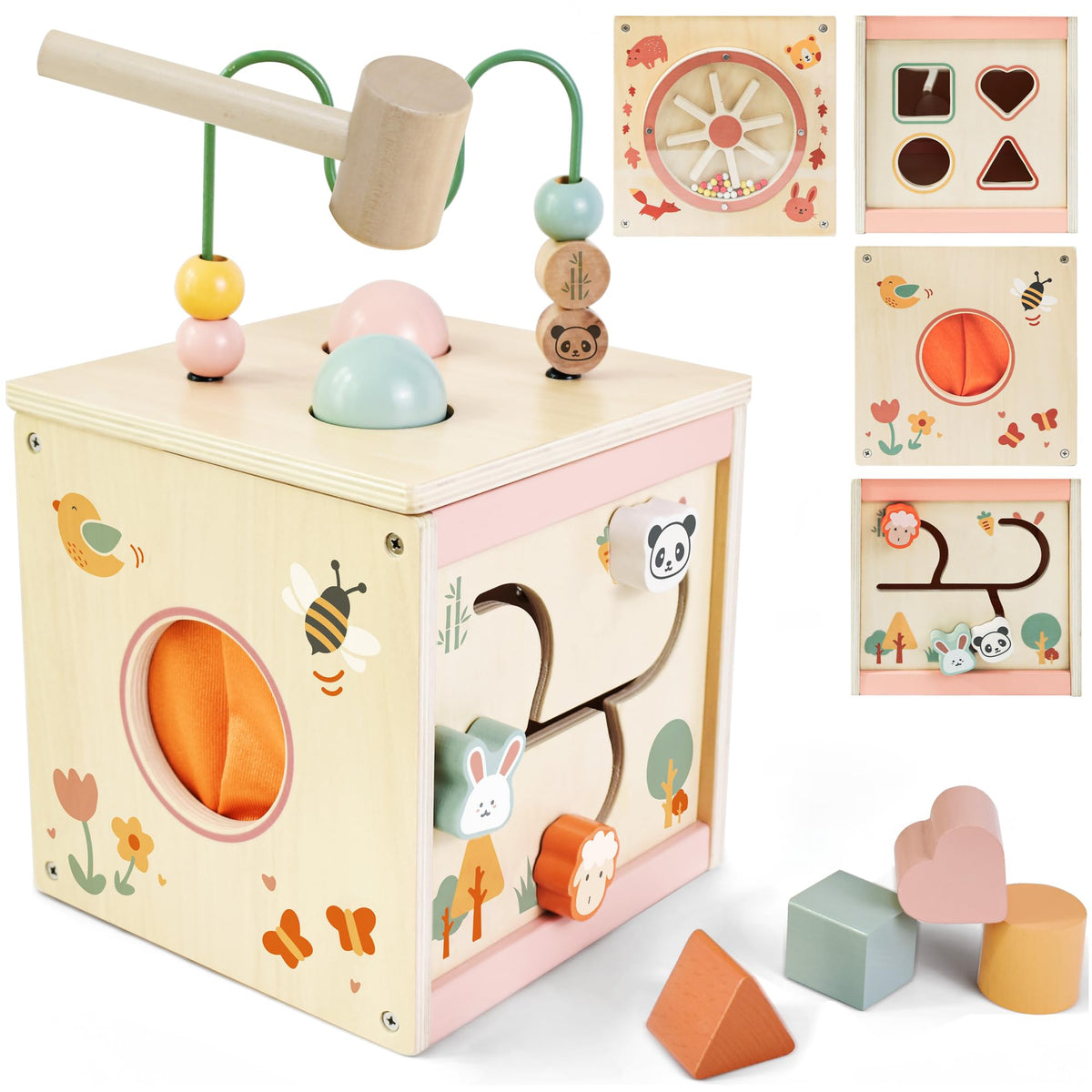MILEFUN wooden activity cube rain-sounds gear boosts auditory perception and sensory play for babies