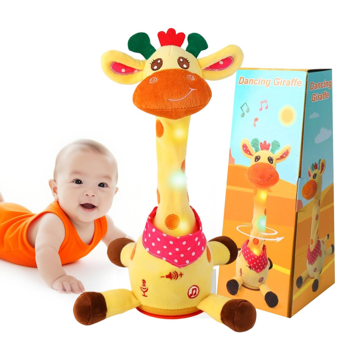 MILEGI dancing talking giraffe toy engages baby during playtime.
