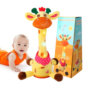 MILEGI dancing talking giraffe toy engages baby during playtime.