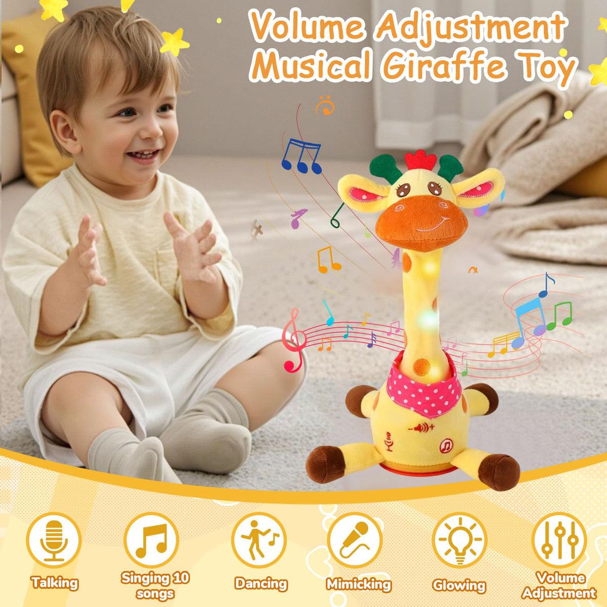 MILEGI LED-lit giraffe toy glows to attract baby's attention during play.