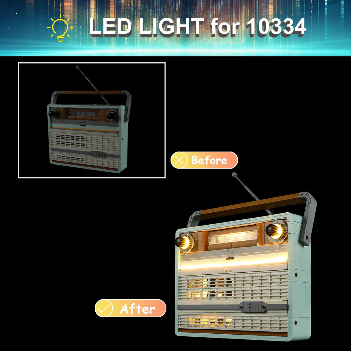 Mililier LED light kit for Lego 10334 Retro Radio USB-powered option for easy setup.