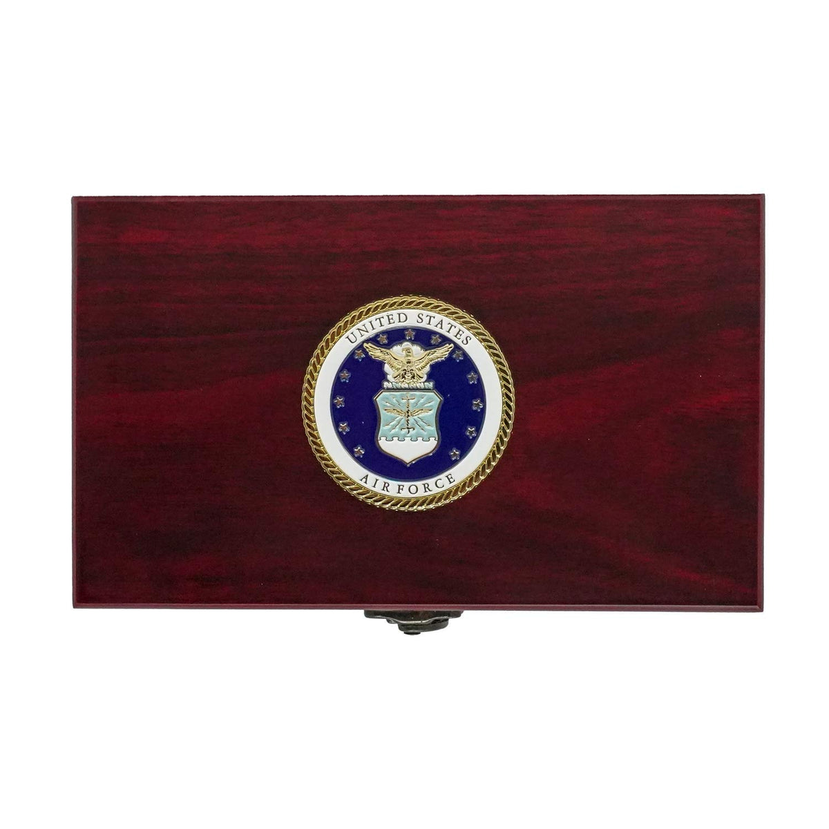 Military Gift Shop USAF wooden box detail showcases the 3D emblem
