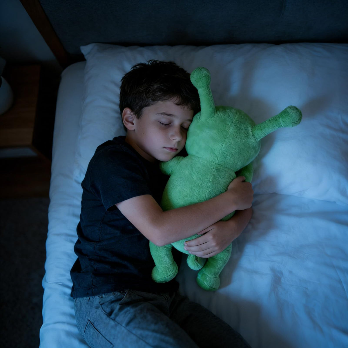 Milkcheesepals alien plush beside a child for scale