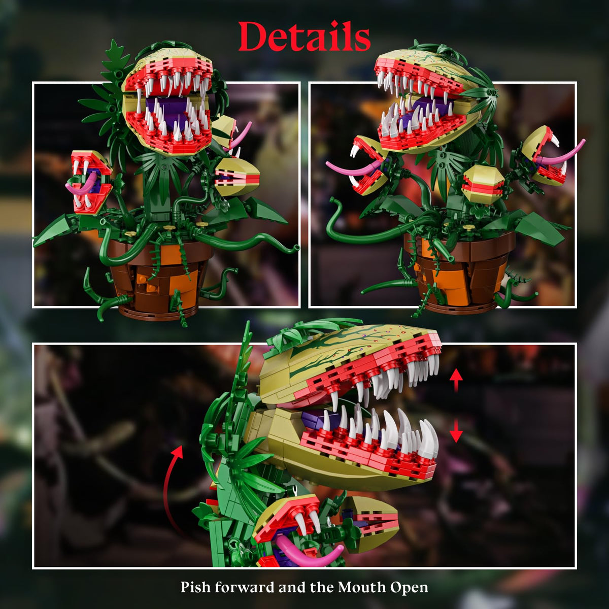 Millionspring Audrey II tongue and mouth detail built with blocks and stickers for authentic horror vibe.