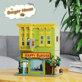 Millionspring Happy Burgers House interior details showing two-story layout.