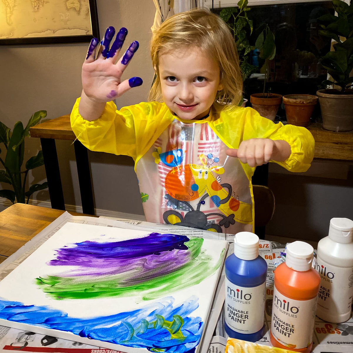 Milo eight-ounce paint bottles with easy pour design for mess-friendly painting.