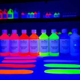 Milo fluorescent blue bottle adds UV-reactive color to windows and boards