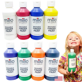 Milo kid's washable finger paints in eight colors for easy crafts.