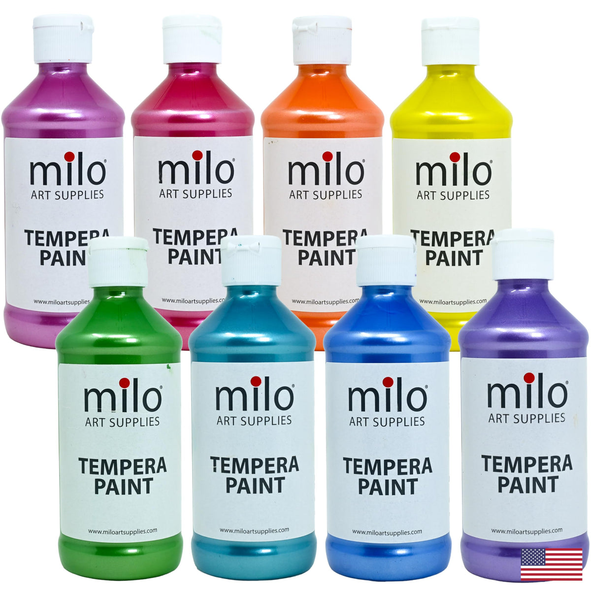 Milo Sparkle Pearlescent paint set colors arranged for vibrant classroom artwork