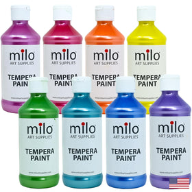 Milo Sparkle Pearlescent paint set colors arranged for vibrant classroom artwork