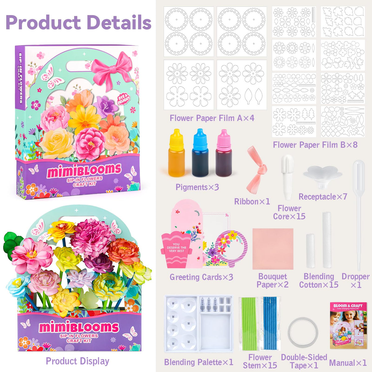Mimiblooms color-mixing blossoms with bright, safe dyes.