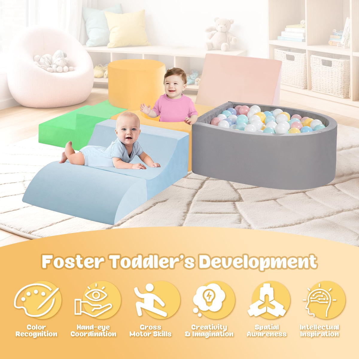 MIND&ACTION soft foam blocks close-up—gentle cushioning and safe materials.