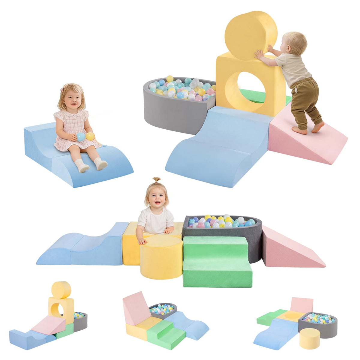 MIND&ACTION toddler climbing blocks with ball pit foam—engaging play for sensory development.