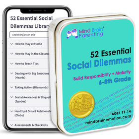 Mind Brain Emotion 52 Essential Dilemmas cover card set for middle school social skills practice.