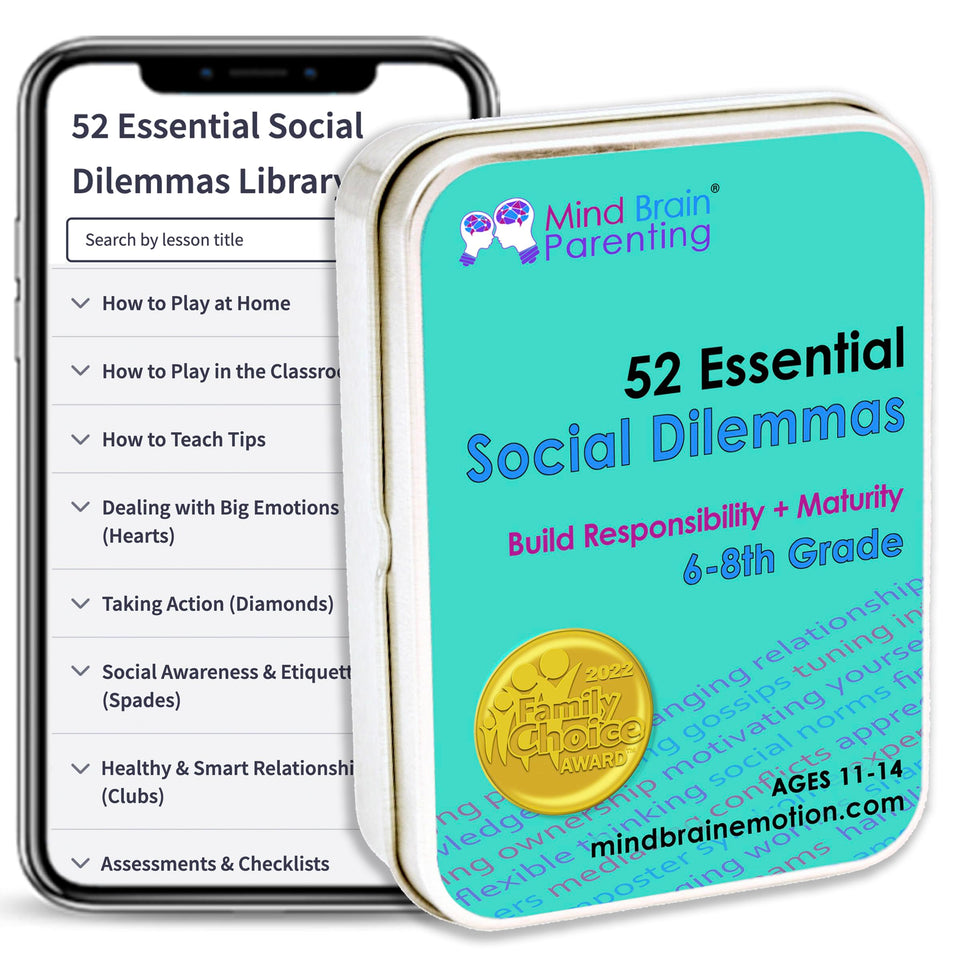 Mind Brain Emotion 52 Essential Dilemmas cover card set for middle school social skills practice.